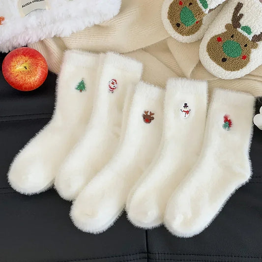Fluffy Christmas Winter Socks – Soft Mink Velvet with Cute Embroider