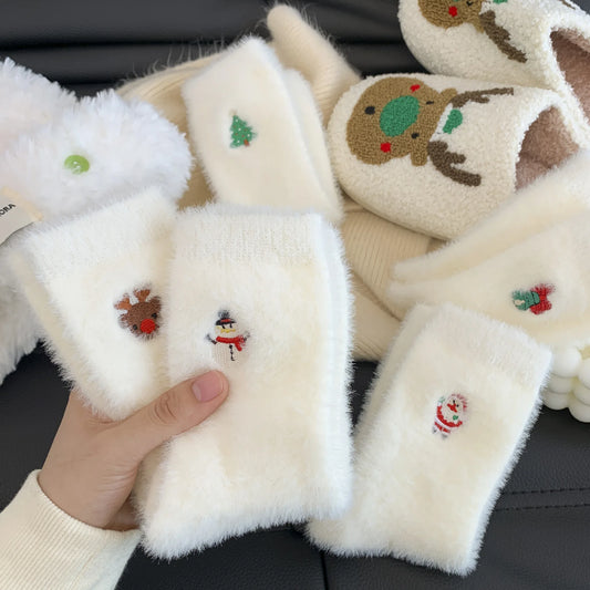 Fluffy Christmas Winter Socks – Soft Mink Velvet with Cute Embroider
